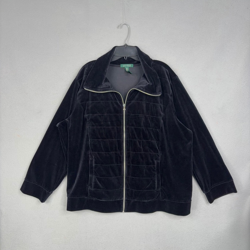 Lauren Ralph Lauren Jacket Women 3X Black Solid Velour Quilted Zip Up Athleisure